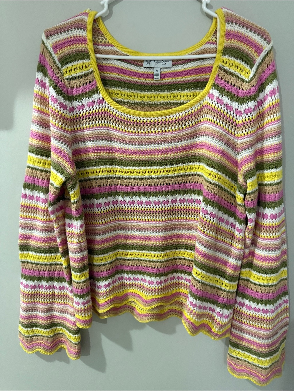 Jessica Simpson Striped Crochet Scoop Neck Sweater in Pink, Yellow & Olive